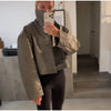 Autumn Women Croc Embossed PU Leather Jacket High Neck Zip Up Oversize Loose Cropped Coat Long Sleeve Street Lady Outerwear