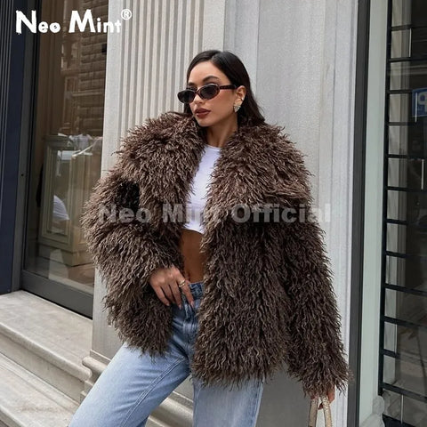 Winter Lulicore Brown Faux Fur Coat Women Chic Autumn Warm Fluffy Sheep Fur Jacket Big Fur Collar Overcoat