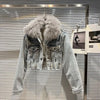 Real Fur Denim Jacket Women Autumn Fried Street Style Natural Fox Fur Collar + Rabbit Fur Liner Warm Rivet Short Jean Coat