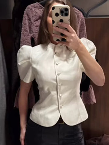 Short Puff Sleeve Blazer Jacket Women Stand Collar Single Breasted Slim Office Party Female Coats Spring Summer Party Tops