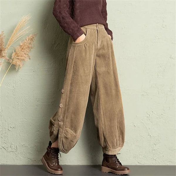 Corduroy Lantern Wide-Leg Pants Women High Waist Trousers Autumn Corduroy Loose Pocket Khaki Black Pants Female