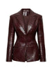Women Burgundy Croc Faux Leather Notched Lapel Slim Fit Blazer Jacket Single Breasted Long Sleeve Elegant Office