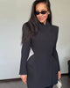 Women Waist Cinching Suit Jacket Elegant V-neck Full Sleeve Single Button Shoulder Pad Slim Coat Lady Commute Outerwear