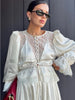 Women Pant Set Satin Lace Round Neck Puff Long Sleeve Button Front Drawstring Waist Blouse Cuffed Ruffle Hem Pants Elegant Suit