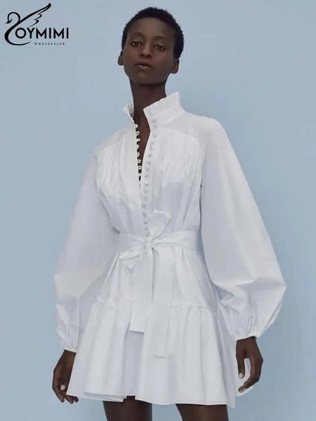 Elegant White Cotton Women's Dress Casual Ruffled Collar Long Sleeve Single Breasted Dresses Lace-Up Mini Dresses
