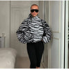 Zebra Striped Faux Fur Jacket Women Stand Collar Burgundy Velvet Patch Pocket Single Breasted Coat Autumn Street Jackets