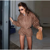 Retro Suede Coats High-waist Shorts Set Women's Plaid Full Sleeves Short Zipper Jackets Autumn Winter Ladies Outwear