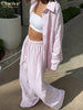 Loose Pink Stripe Trousers Set 2 Piece Woman Elegant Long Sleeve Blouse With High Waist Wide Pants Set Female