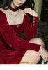 Women's Slim Fit A-line Velvet Dress Christmas Clothes Square Collar Long-sleeved Red Sweet Girl Autumn Winter