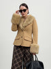 Women Vintage Floral Jacquard Faux Fur Trim Jacket V Neck Single Button Furry Cuff Cropped Coats Vintage Winter Warm Party Coat