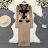 Women Elegant Butterfly Long Sleeve Bodycon V Neck Split Dress Vintage French Slim Knit Tight Vestido Autumn Winter Sweater Robe