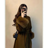 Women Autumn Winter Woolen Coat French Style Fur Sleeves Mid-Length Woolen Coat Women Long Coat Loose Outwear