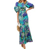 Early Spring O Neck Fit Mermaid Dress Lady Party Pleated Dress Temperament Lantern Sleeve Print Wrap Hips Long Dress