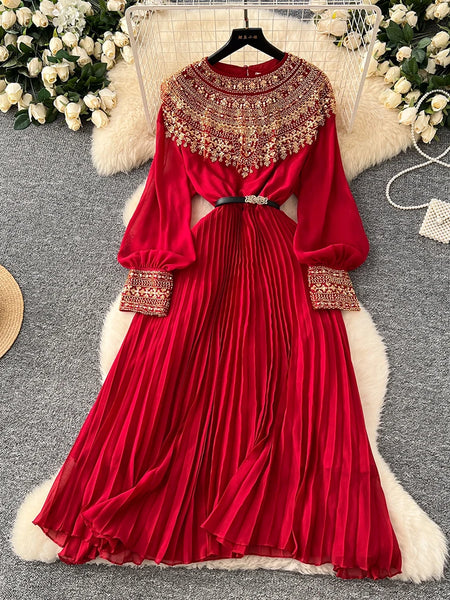 Spring Autumn French Sequin Nail Bead Long Sleeved Dress Women Elegant Temperament Birthday Party Pleated Long Dress C227