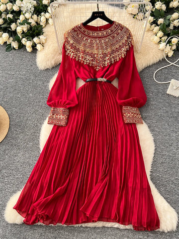 Spring Autumn French Sequin Nail Bead Long Sleeved Dress Women Elegant Temperament Birthday Party Pleated Long Dress C227