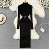 Turtleneck Sexy Wrap Hips Knitted Dresses Women Autumn Winter Long Sleeve Bodycon Sweater Dress with Belt