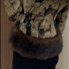 Printed Faux Fur Patchwork Jacket Women V Neck Long Sleeve Slim Cropped Coat Autumn Winter Lady Street Outwear
