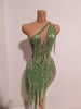 Women Sparkly Rhinestones Tassel Green One Shoulder Sexy See-Through Dress Latin Dance Outfits Bar Nightclub Party Stage Costume