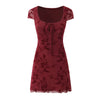 Women Sweet Flower Flocking Chic Bow Mini Dress Vintage Square Collar Sexy Slim Hip Wrap Dresses