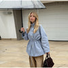 Drawstring Waist Button Women Cargo Jacket Long Sleeve Pockets Spring Casual Female Coat Street Commute Lady Outwear Tops