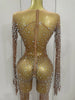 Sparkly Rhinestones Sexy Mesh See Through Bodycon Jumpsuit Women Birthday Gown Women Bar Nightclub Dancer Stage Outfit