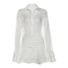 Tierred Dress Woman Autumn See-Through Solid Turn-Down Collar Shirt Ruffles Chic Long-Sleeve Chiffon Bodycon