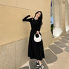 Long Sleeve O-neck A-line Dress Streetwear Vestidos Lady Korean Style Hollow Out Black Long Dresses Women