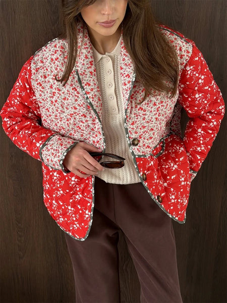 Chic Printed Color Spliced Short Coats Women's Casual Single Breasted Cotton Pocket Coat Autumn Winter Lady Daily Outwears