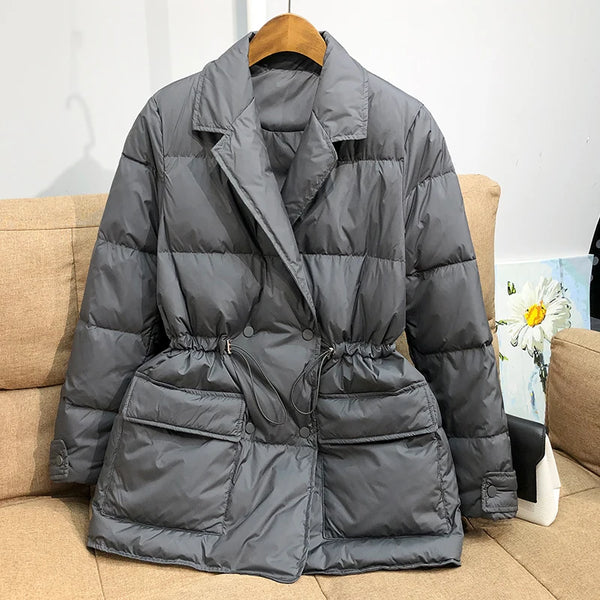 Lagabogy Winter Women White Duck Down Coat Female Notched Collar Double Breasted Coats Casual Lady Drawstring Puffer Outwear