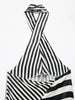 Fall Striped Patchwork Women Blue Suit Neck-mounted Vest+ Modern Straight Pants Night Party Streetwear Set