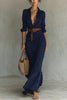 Women's Solid Holiday Party Dress Elegant Lapel Button Draped Long Dress Casual Long Sleeve Match With Belt Shirt Dress