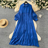 Spring Vintage Loose Dresses Women Lantern Sleeve Turn-down Collar Solid Single Breasted Casual Folds Long Dress