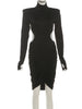 Elegant Hollow Dress Women Turtleneck Ruched Patchwork Full Sleeve Irregular Hem Skinny Stretch Party Club Bodycon