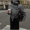 Grey Lapel Woolen Blend Short Coat Women Solid Single Breasted Long Sleeves Pockets Loose Jacket Lady Autumn Street Outerwear