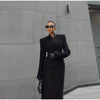 Black Tailored Long Coat Women Elegant Asymmetric Button Front Pockets Full Sleeve Criss-cross Neck Jacket Casual Outerwear