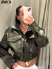 Vintage Zippers Short Leather Jackets Women's Casual Lapel Button Pockets Full Sleeve Coat Autumn Lady Chic Streetwear