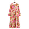 Boho White Blue Totem Print Bow Lacing up Neck Long Straight Dress Women Viscose Cotton Full Sleeve Maxi Robe Holiday