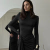 Elegant Turtleneck Curvy Brown Dress Women's Sexy Long Sleeve Shoulder Pad Party Evening Tight Elastic Dresses Winter Black