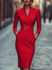 Elegant Party Prom Dress For Woman Spring Autumn V-neck High Waist Long Sleeves Mid-length Dresses Ladies Solid Vestidos