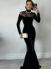 Full Sleeve Turtleneck Mesh Patchwork Long Dress Woman Elegant Velvet Slim High Waist Evening Prom Party Elegant Bodycon