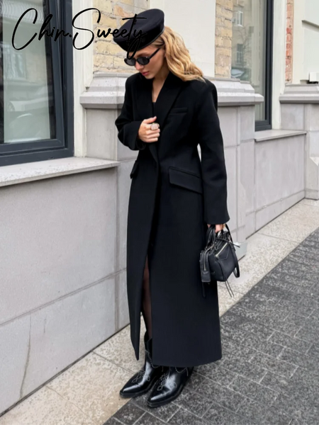 Elegant Women's Woolen Coat Black Single-Button Stand Collar Slim Lady Long Coats Autumn Winter Chic Female Streetwear