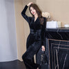Temperamnet Velvet Jumpsuit For Women Elegant V-neck Long Sleeve Slim Wide-Leg Pants with Brooch