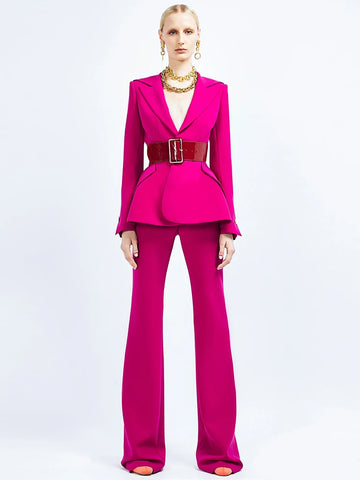 High Street S/S Runway Designer Suit Set Women's Slim Fitting Single Button Belted Blazer Flare Pants Set 2pcs