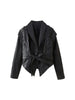 Suninherat Autumn Faux Leather Jacket Black PU Jacket Coat with Belt Lapel Women's Outwear