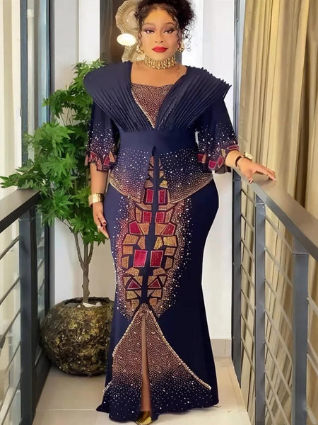Plus Size African Party Dresses for Women Dashiki Diamond Maxi Long Dress Elegant Muslim Wedding Evening Gowns