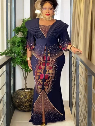 Plus Size African Party Dresses for Women Dashiki Diamond Maxi Long Dress Elegant Muslim Wedding Evening Gowns