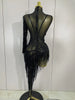 Sparkly Rhinestones Tassel Sexy See-Through Dress Women One Shoulder Latin Dance Outfits Bars Nightclub Party Stage Costume
