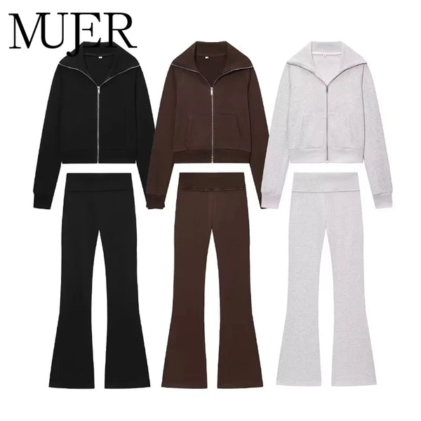 Mujer Flare Pants Sets for Women 2 Pieces Fleece High Waist Woman Trousers Sets Zipper Cropped Women's Jacket Streetwear Outfits