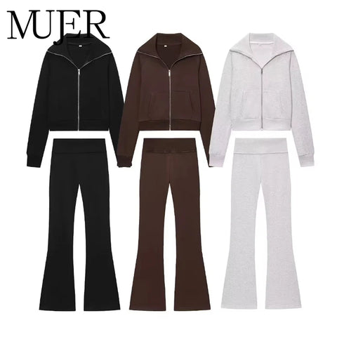 Mujer Flare Pants Sets for Women 2 Pieces Fleece High Waist Woman Trousers Sets Zipper Cropped Women's Jacket Streetwear Outfits
