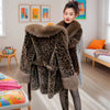 Women Autumn Winter Leopard Print Temperament Fur Coat Medium-Long High End Fur Collar With Belt Fur Jacket Overcoat